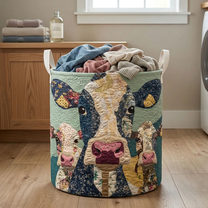 Cow Family Portrait Quilted Laundry Basket Farmhouse Home Decor Unique Gift For Cow And Farm Lovers