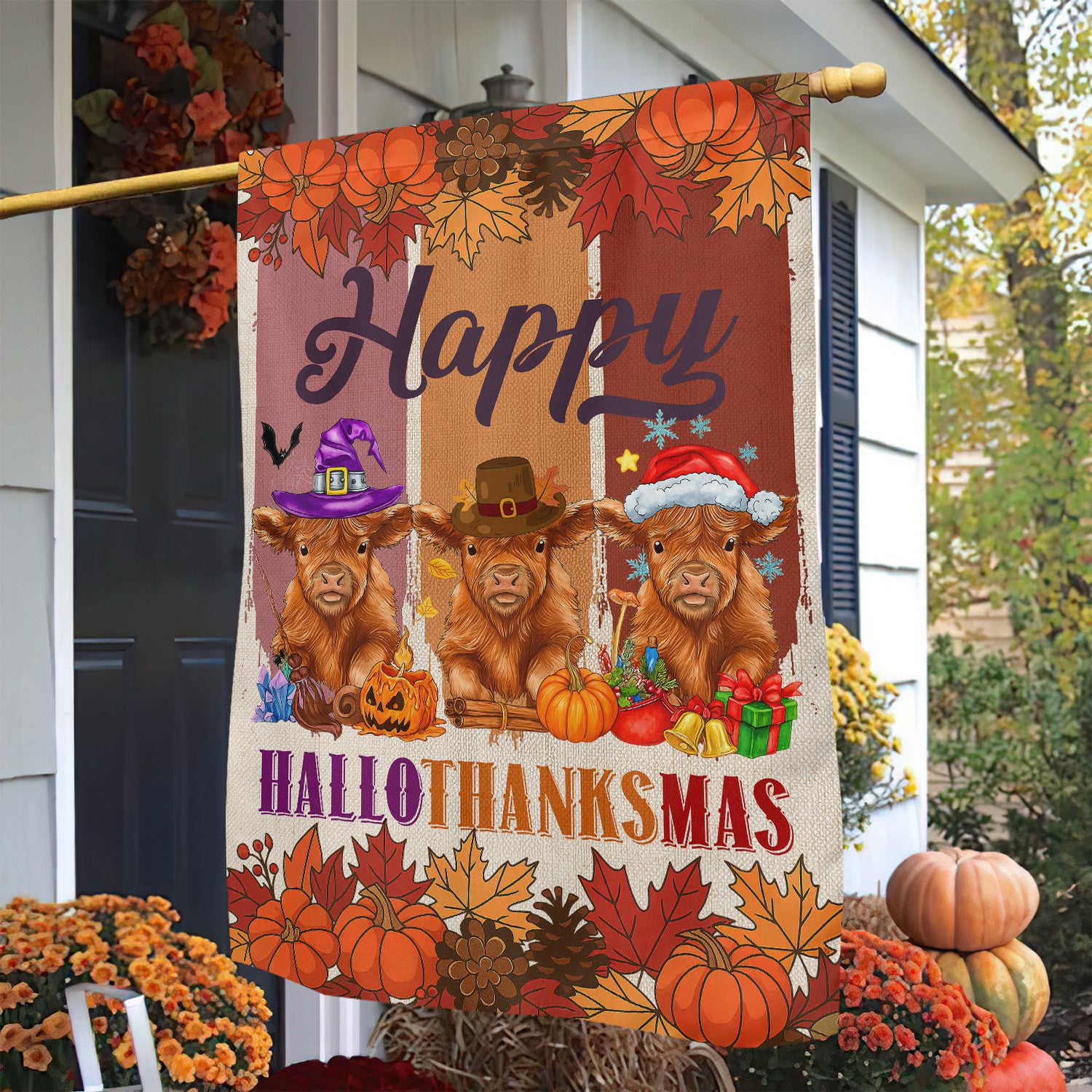 Cow Garden House Flag Happy Hallothanksmas Cow Yard Flag 3 Seasons In 1 Flag Gift For Cow Lovers