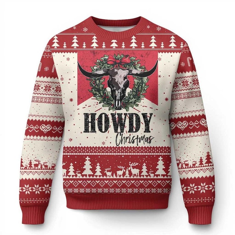 Cow Skull And Wreath Howdy Christmas Ugly Christmas Jumper Western Sweater Gifts For Xmas
