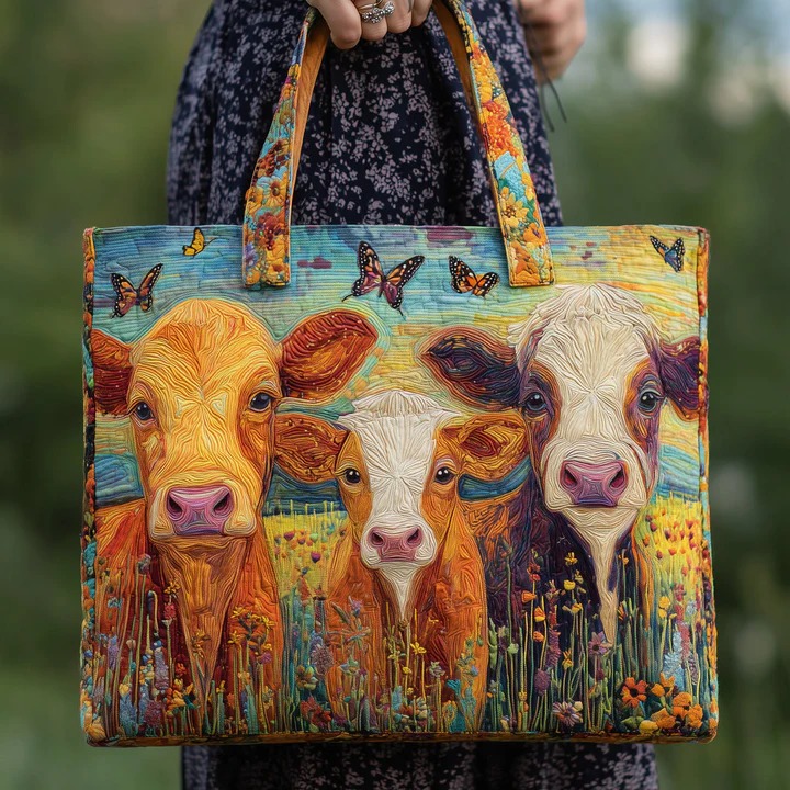 Cow Sunflower Butterfly Meadow Quilted Tote Bag Farm Animal Lover Country Nature Gift For Mother