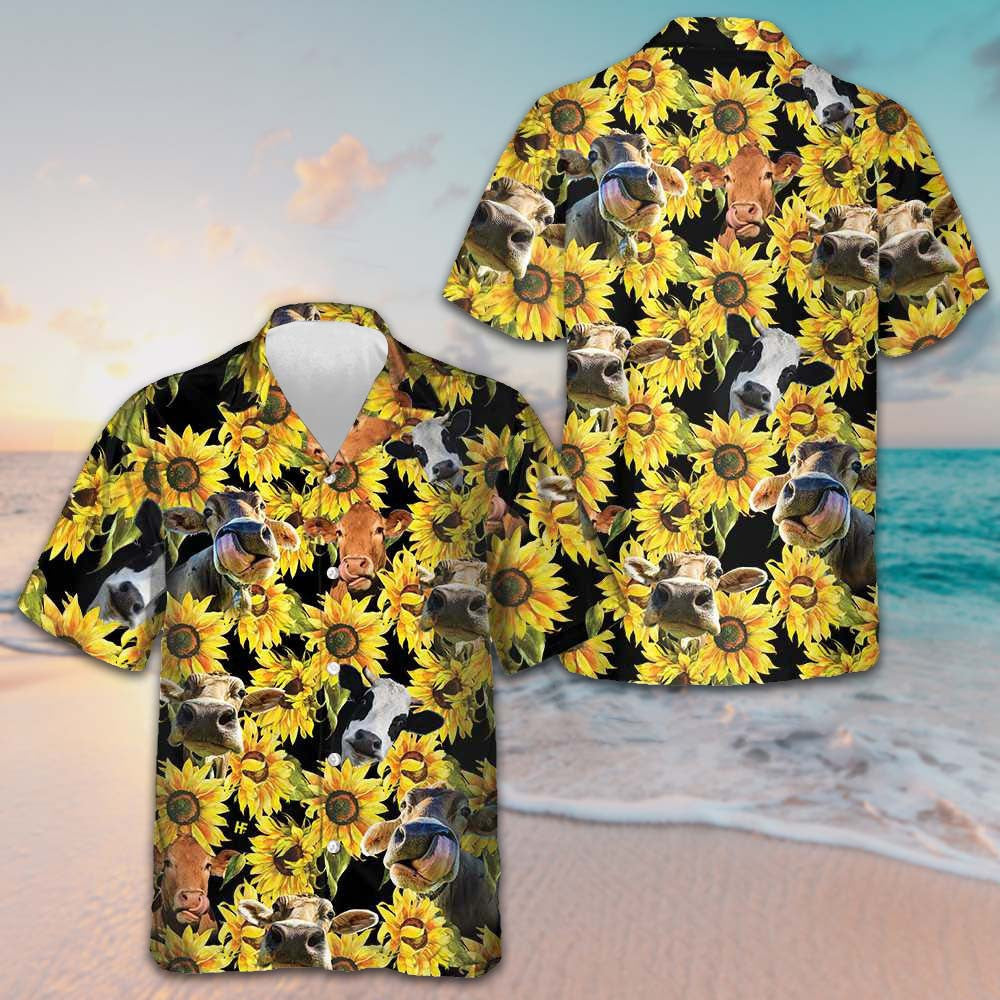 Cow With Sunflower Hawaiian Shirt Beach Button Down Shirt Men Gifts For Cow Lovers
