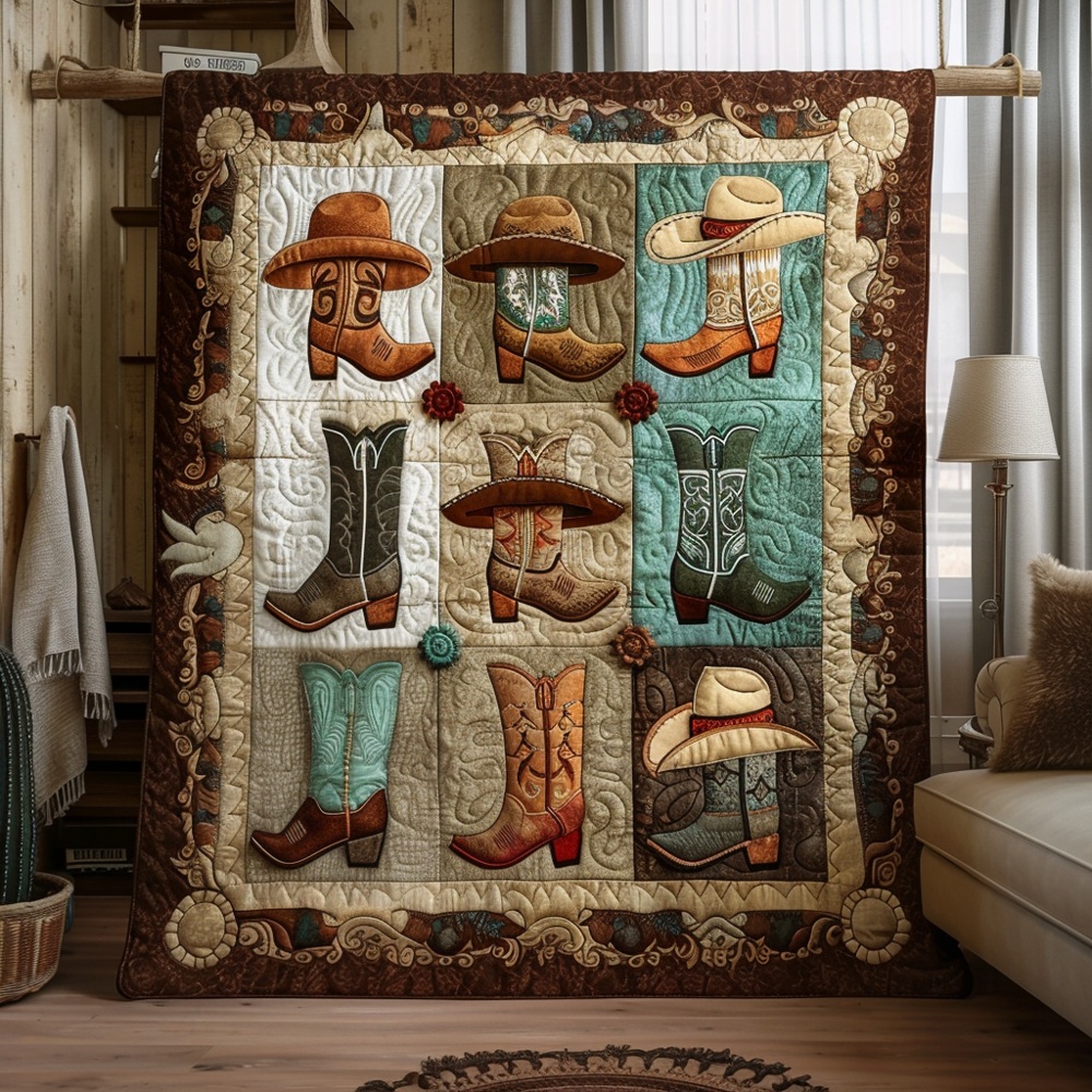 Cowboy Boots And Hats Quilted Blanket Western Rustic Home Decor Patchwork Best Gift For Cowboy Fans