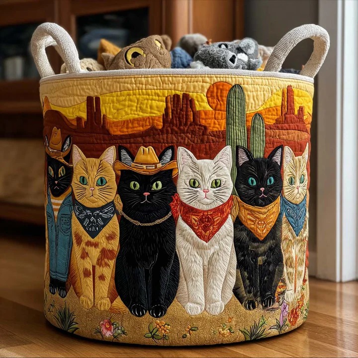 Cowboy Cats Quilted Laundry Basket Western Cat Lover Storage Bin Best Gift For Cat Moms