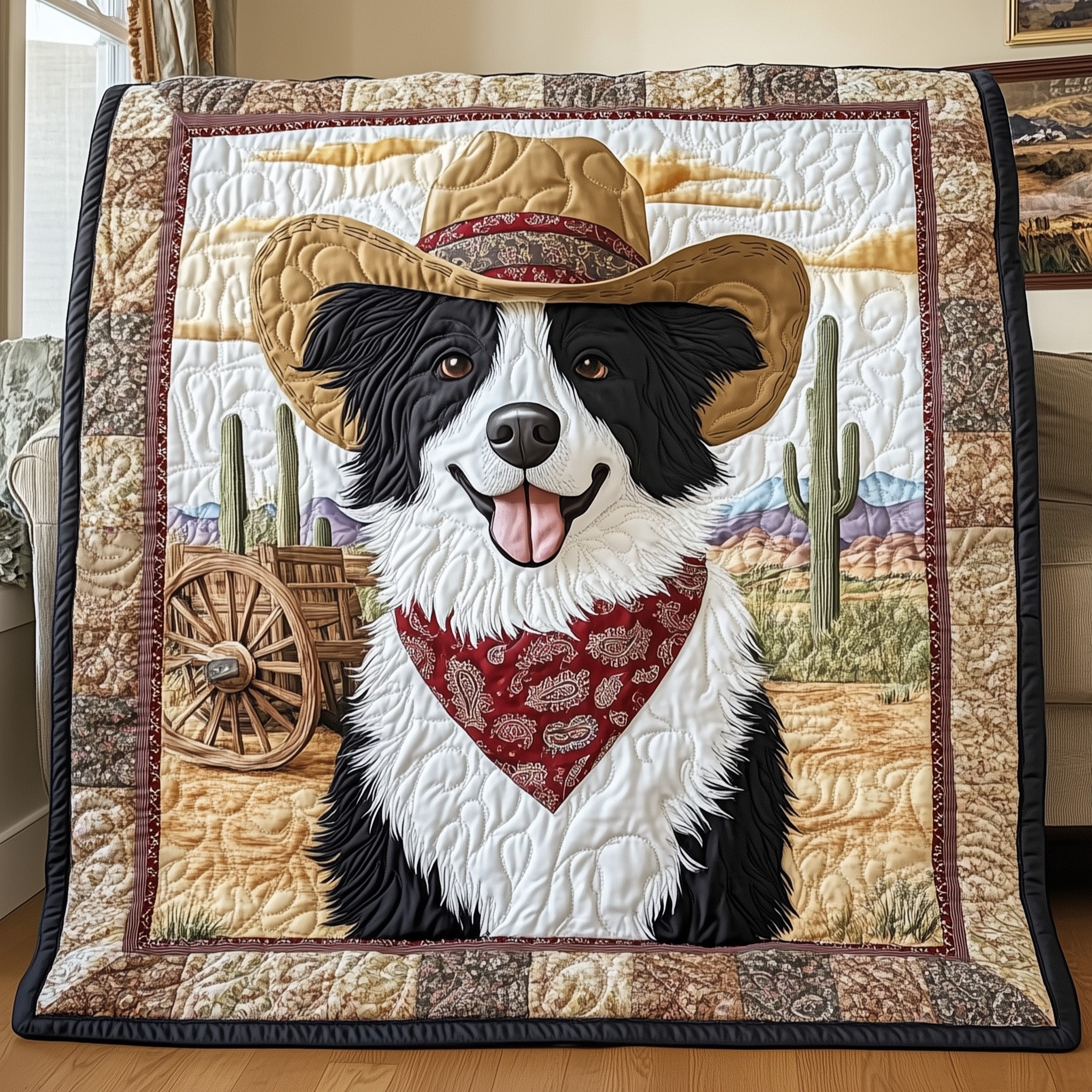 Cowboy Collie Quilted Blanket Cute Bed BlanketDog Lover Gifts Merchandise 
