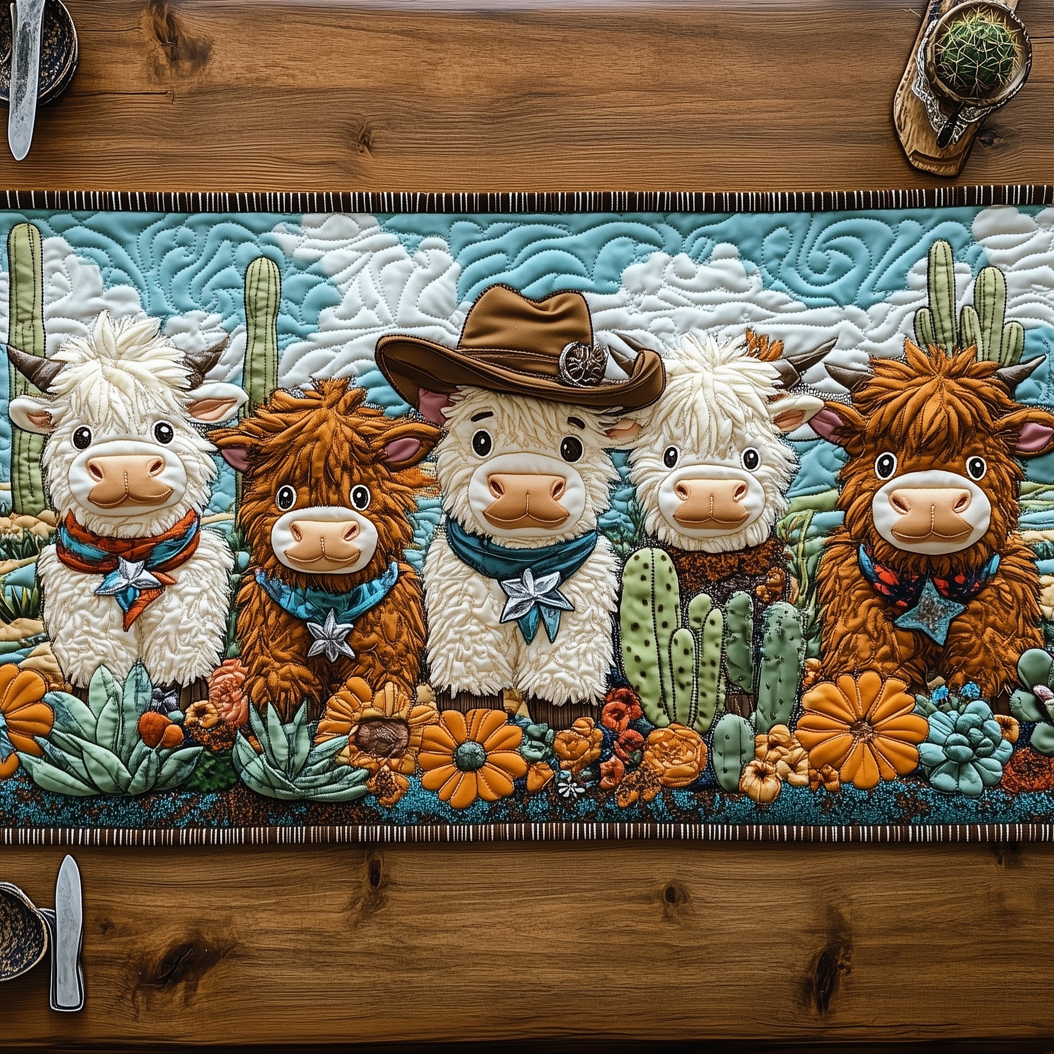 Cowboy Cuddle Moo Quilted Table Runner Christmas Dining Room Table Runner