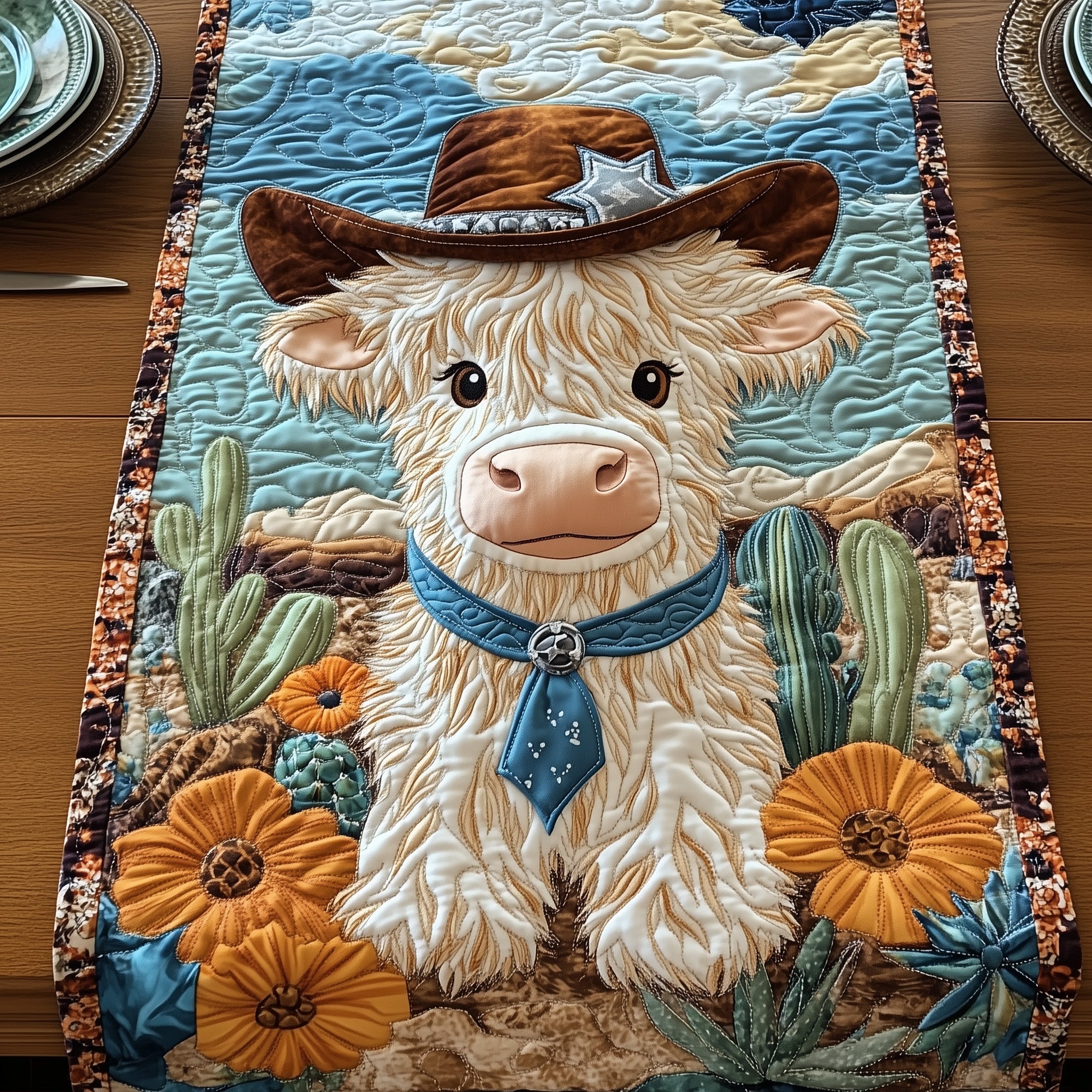 Cowboy Cuddle Moo Quilted Table Runner Christmas Table Runner Gift Idea
