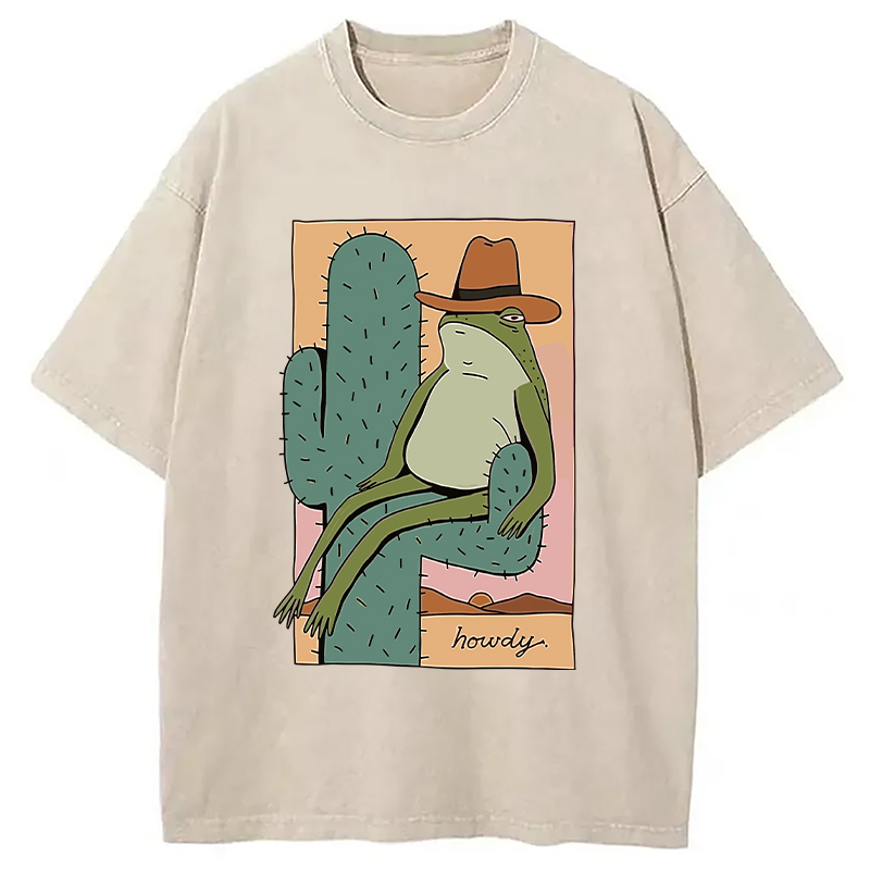 Cowboy Frog Washed T-Shirt Funny Graphic Gift For Friends Gifts For Him