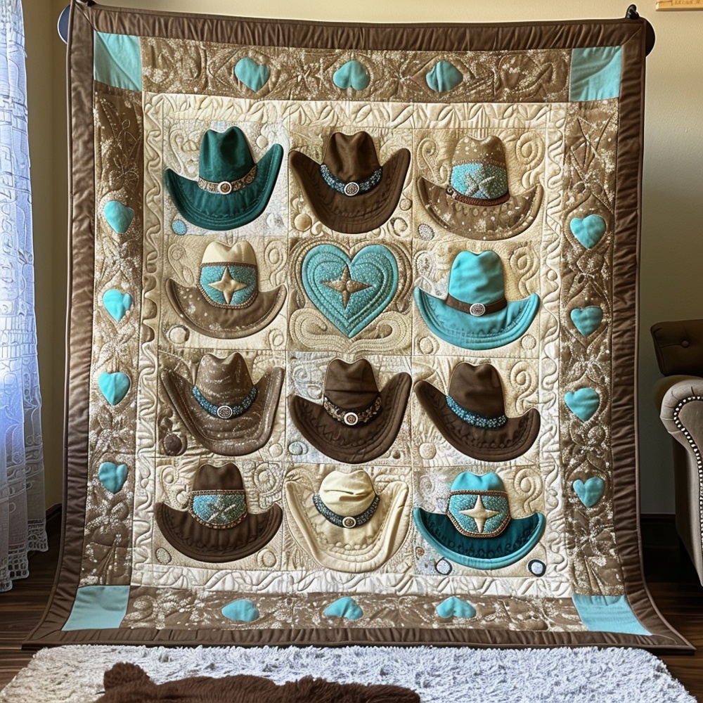 Cowboy Hat Collection Quilted Blanket Western Country Style Patchwork Throw Best Gift For Cowboys