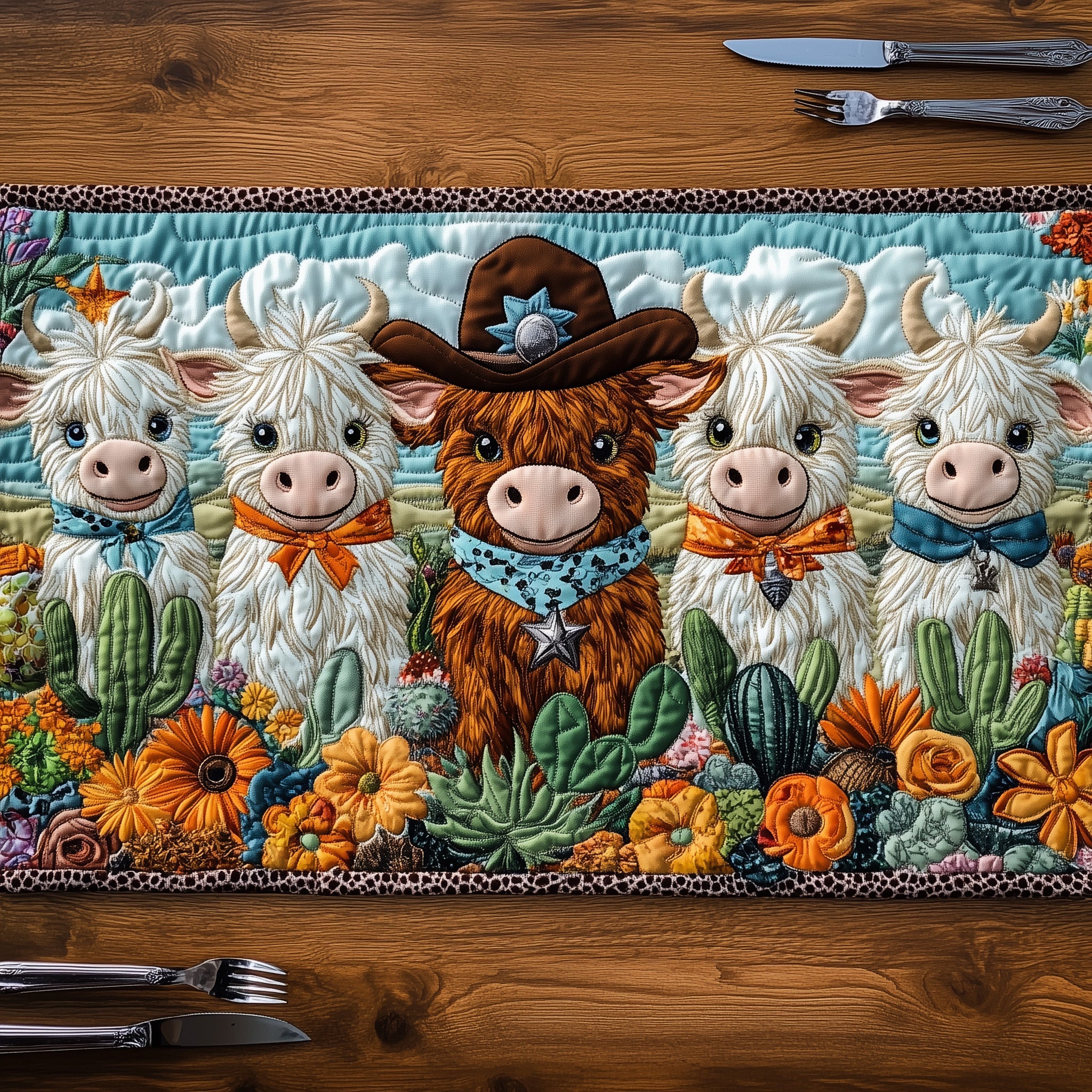 Cowboy Highland Moo Quilted Table Runner Holiday Banquet Table Runner
