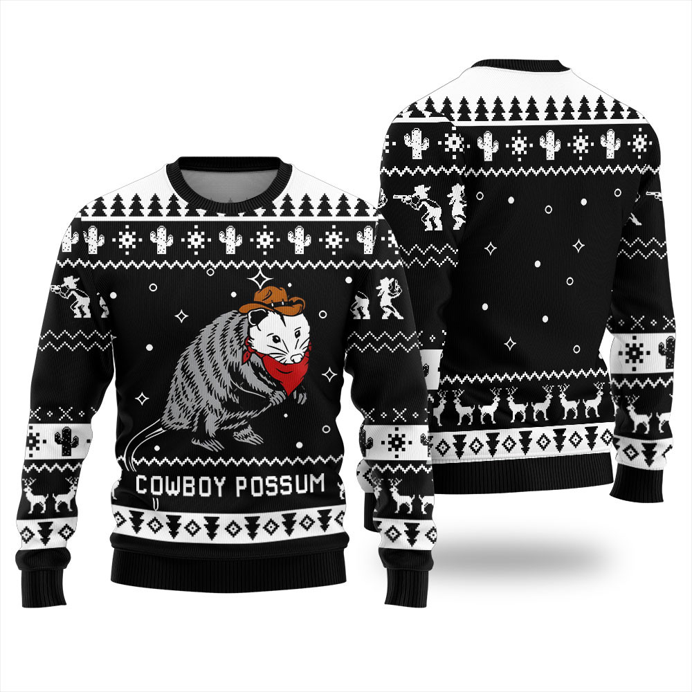 Cowboy Possum Ugly Christmas Sweater Funny Xmas Sweater for Ugly Sweater Parties