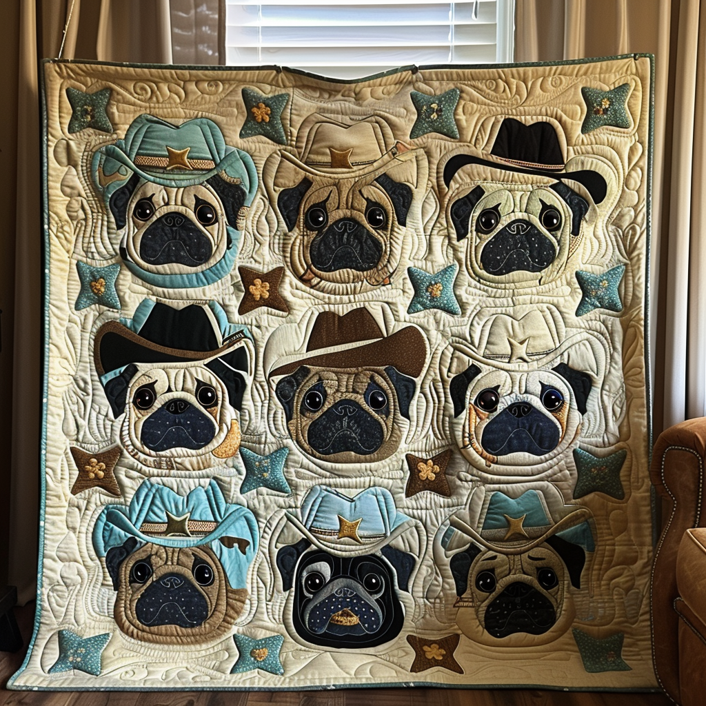 Cowboy Pug Quilted Blanket Presents For Pug Lovers