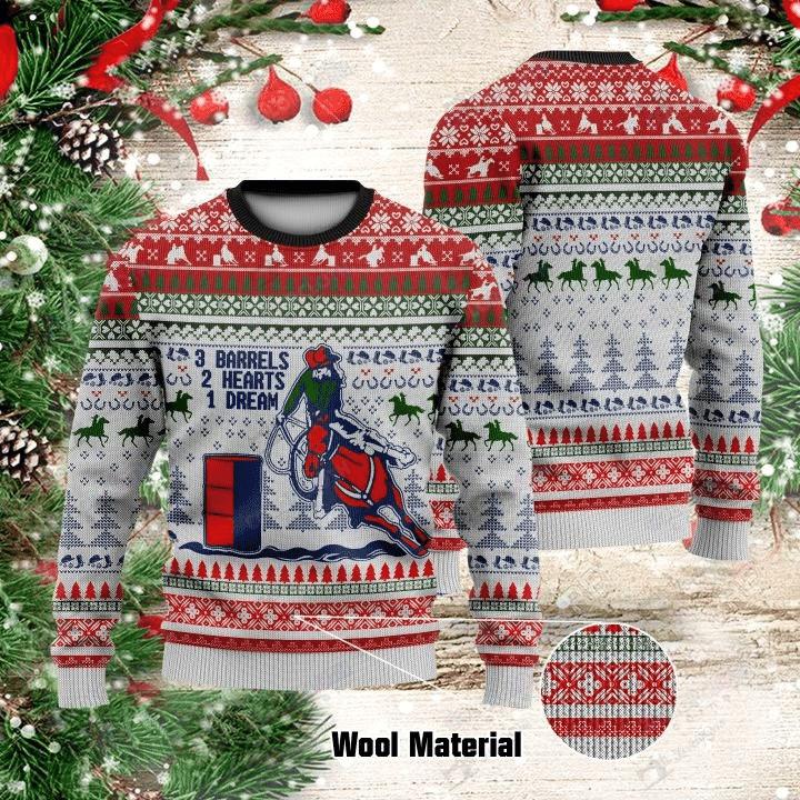 Cowboy Riding Horse 3 Barrels 2 Hearts 1 Dream Ugly Christmas Sweater Barrel Racing Themed Gifts