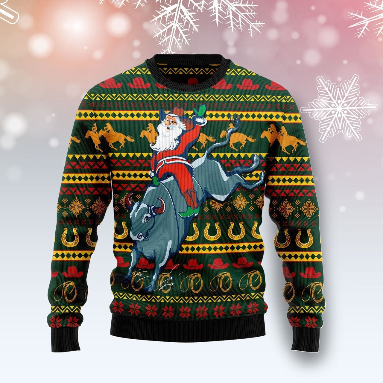 Cowboy Santa Claus Riding Bison Ugly Christmas Sweater Winter Holiday Gifts For Bison Lovers