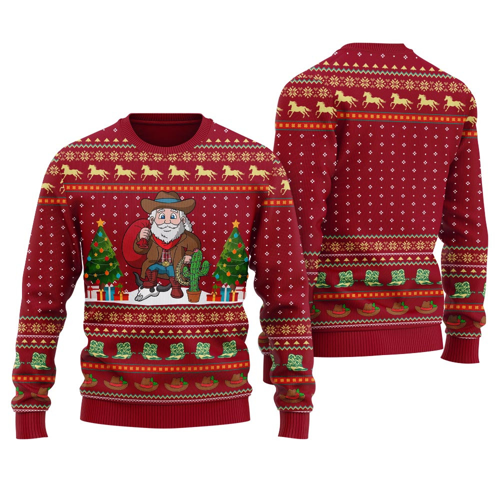 Cowboy Santa Claus Ugly Western Christmas Sweater Red Custom Holiday Sweater Merch That Warms the Heart