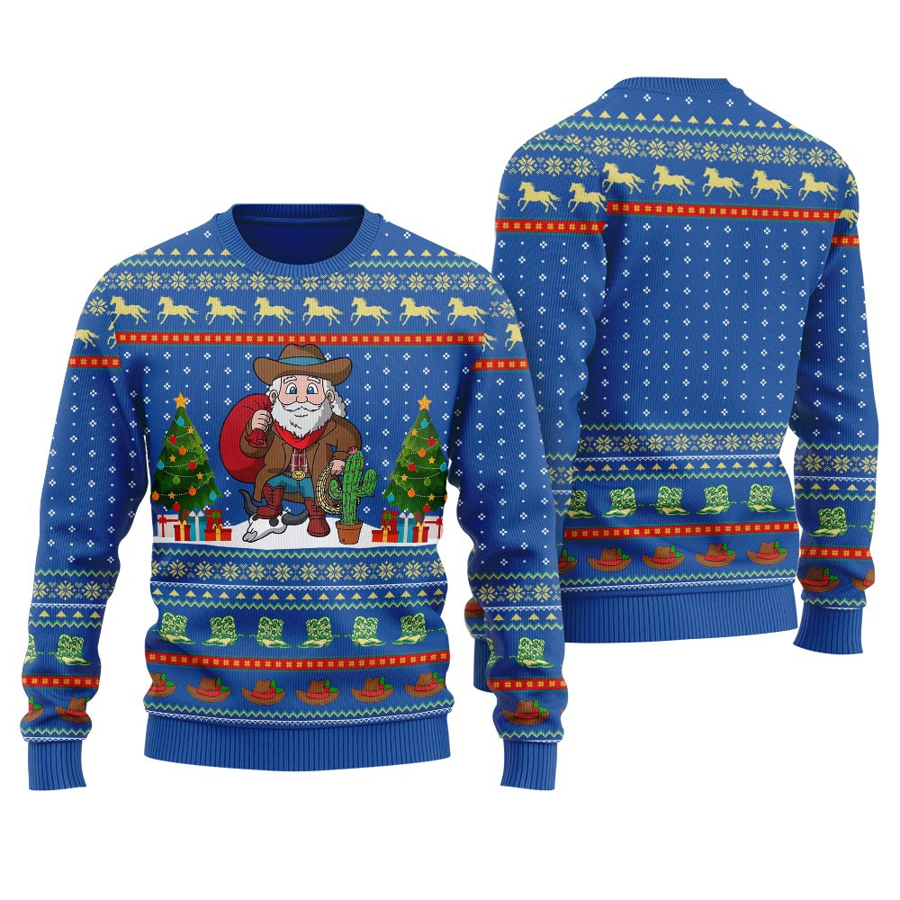 Cowboy Santa Claus Western Ugly Christmas Sweater Royal Warm and Comfy Sweater for Winter Days