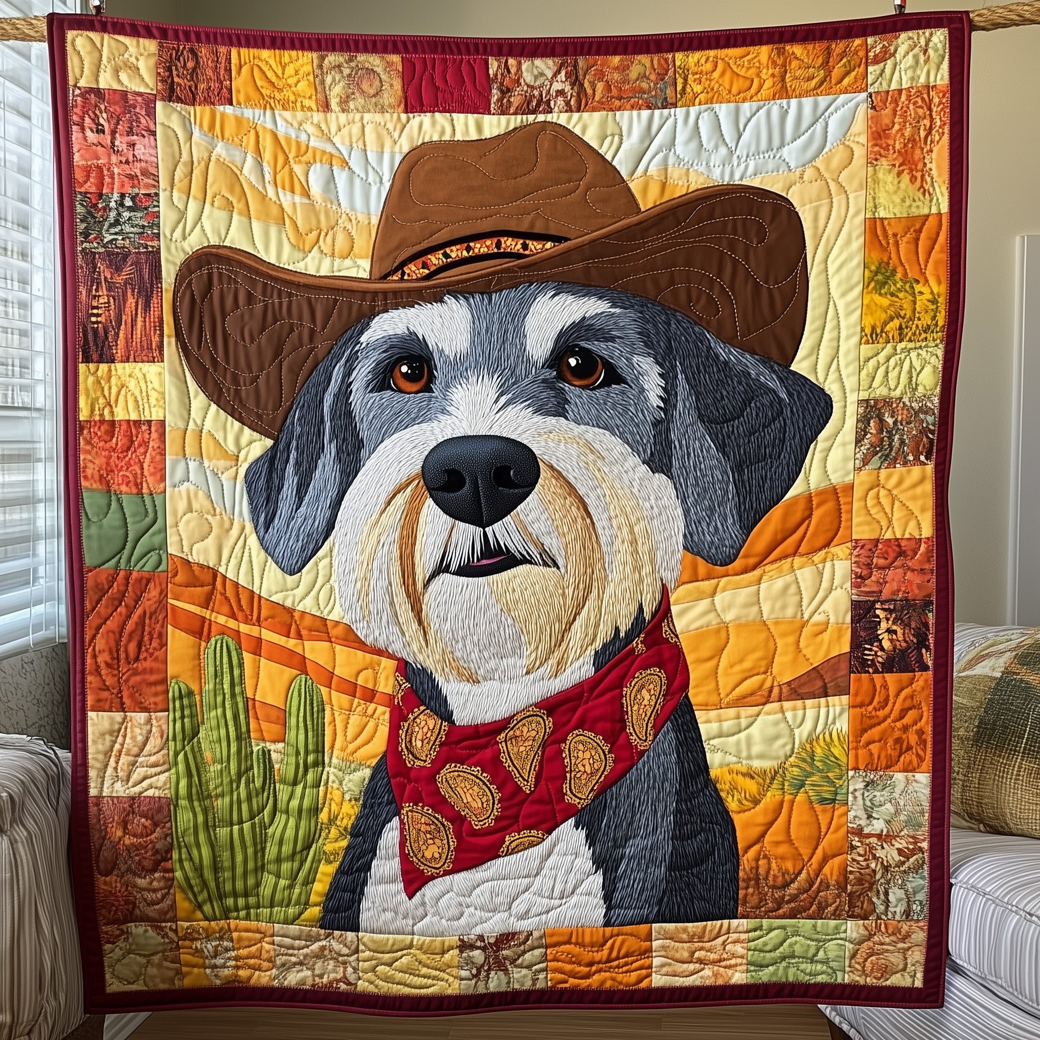 Cowboy Schnauzer Cuddle Quilted Blanket Festive Quilted Blanket for Couch & Bed