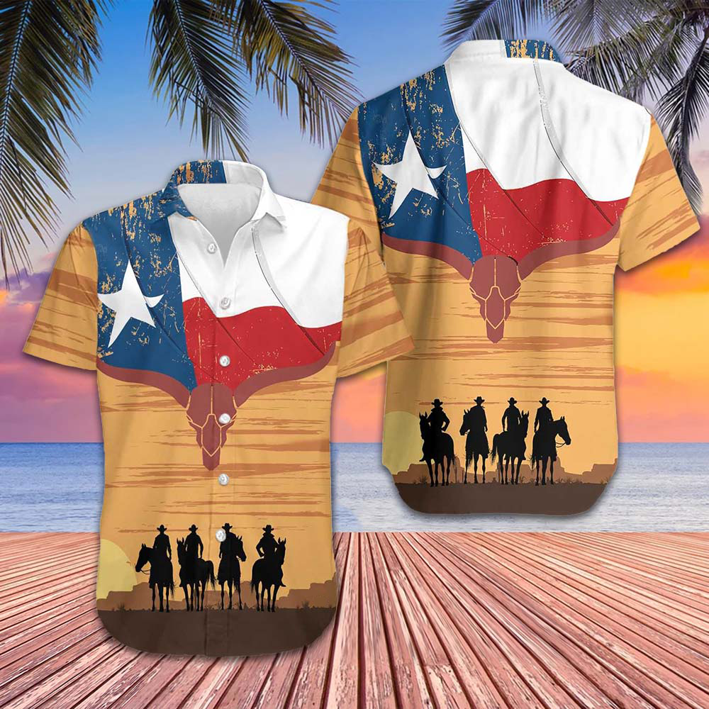 Cowboy Texas Flag Hawaiian Shirt Mens Button Up Shirts Summer Gifts For Texans
