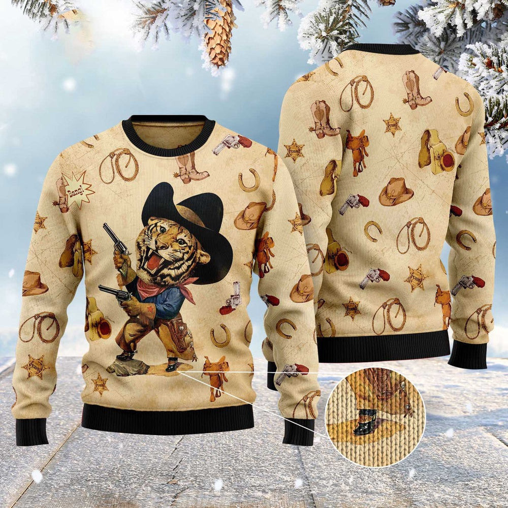 Cowboy Tiger Ugly Christmas Sweater Funny Ugly Christmas Sweater Xmas Gifts