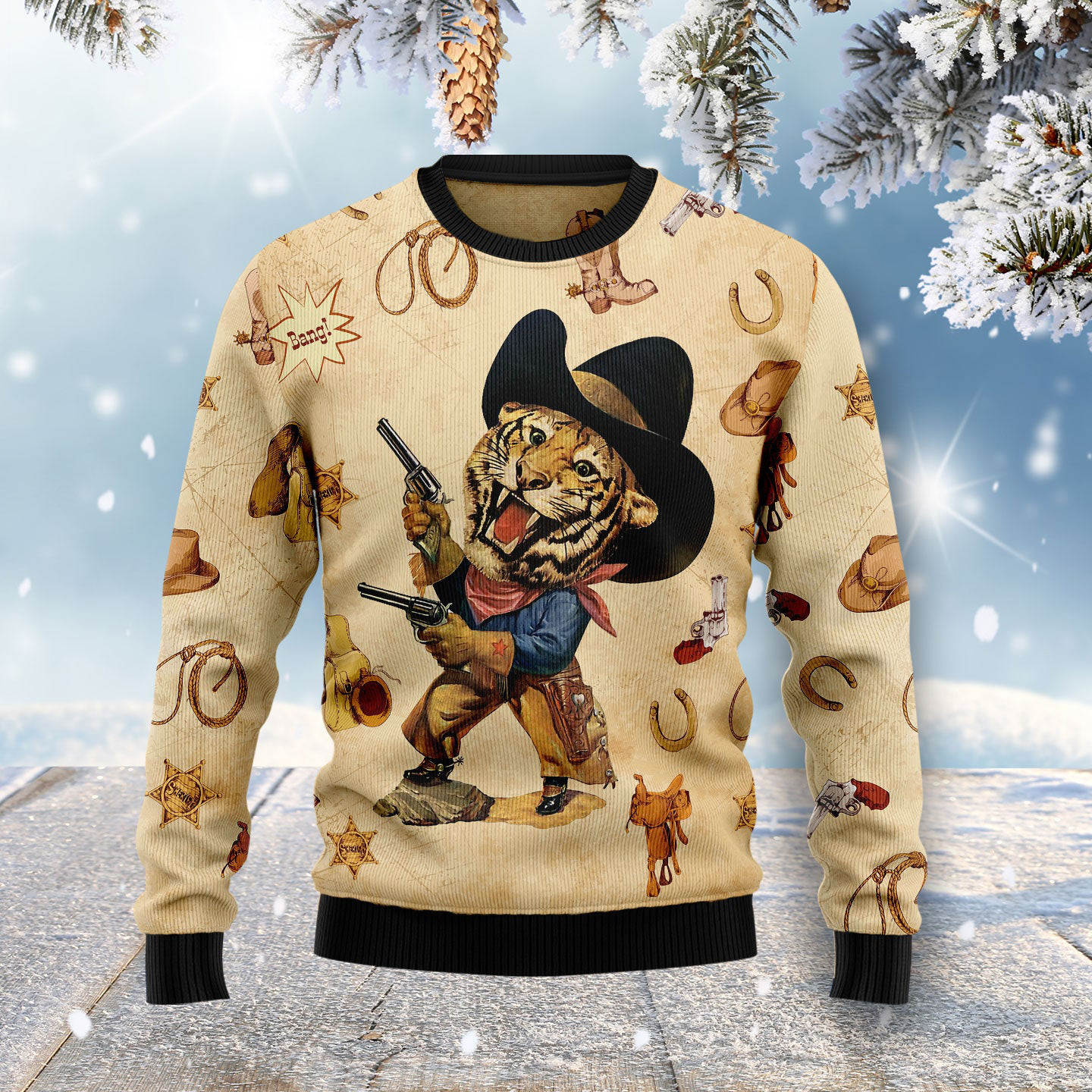 Cowboy Tiger Ugly Christmas Sweater Tiger Clothing Xmas Gifts For Cowboy Lovers