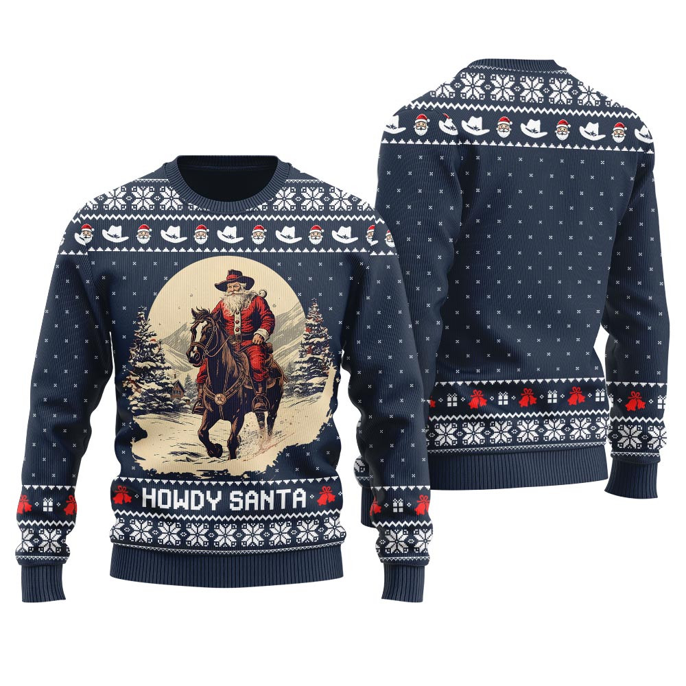Cowboy Ugly Christmas Sweaters Howdy Santa Navy Warm Winter Sweater to Brighten Your Holidays