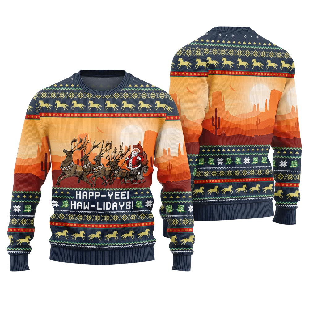 Cowboy Ugly Sweater Happ Yee Haw Lidays Navy Holiday Gift Merch That Everyone Will Adore