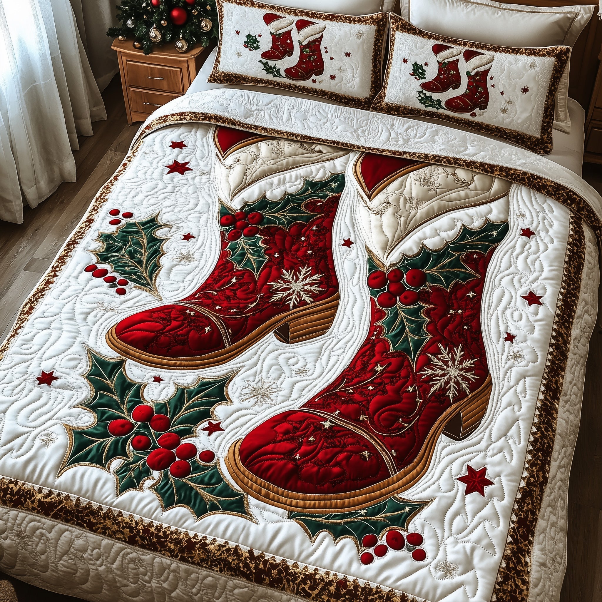 Cowboy Yuletide Christmas Quilted Bedding Set Duvet Cover Bedspread Winter Holidays Gifts For Cow Girl Lovers
