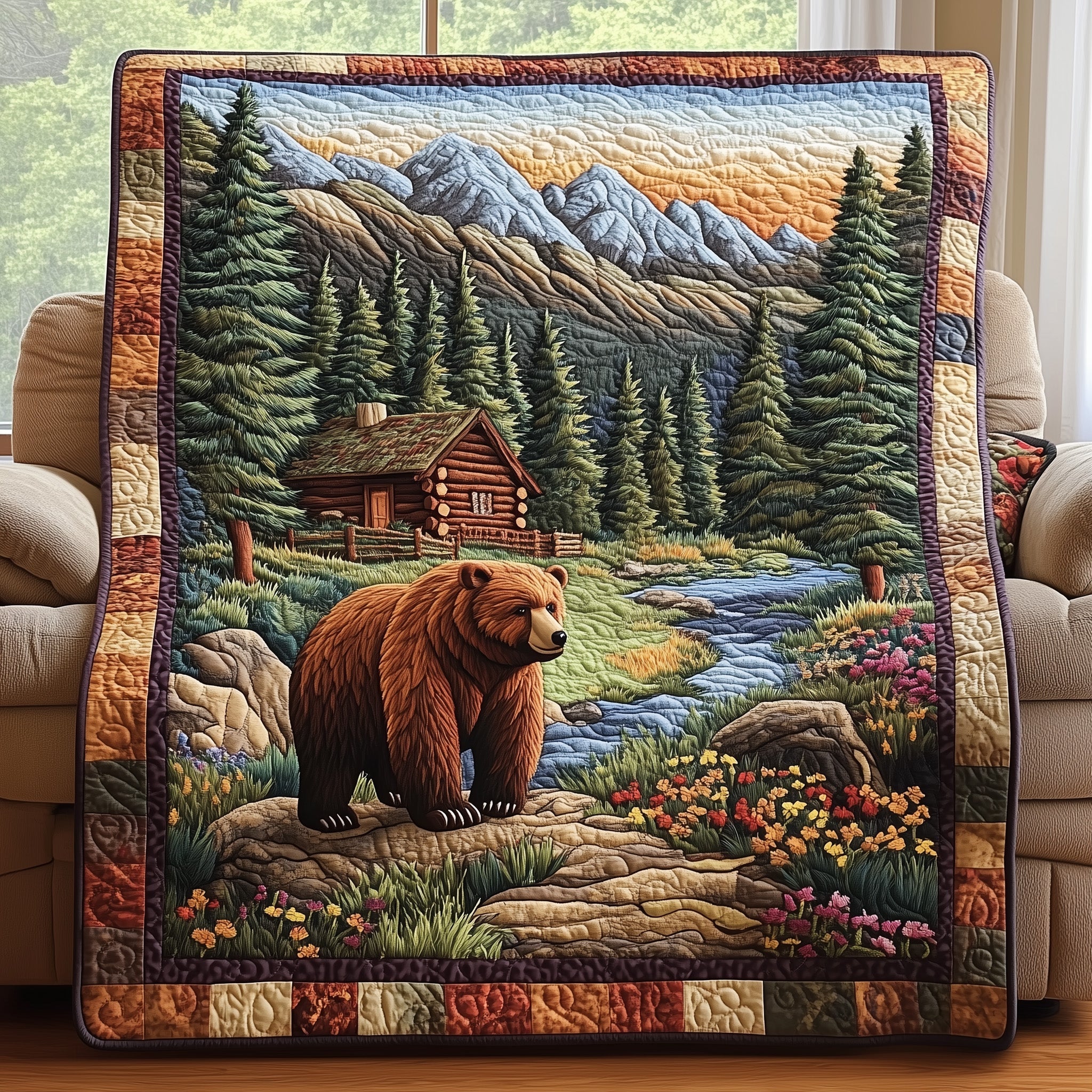 Cozy Bear Cabin Quilted Blanket Cute Soft BlanketCamping Gifts For Him