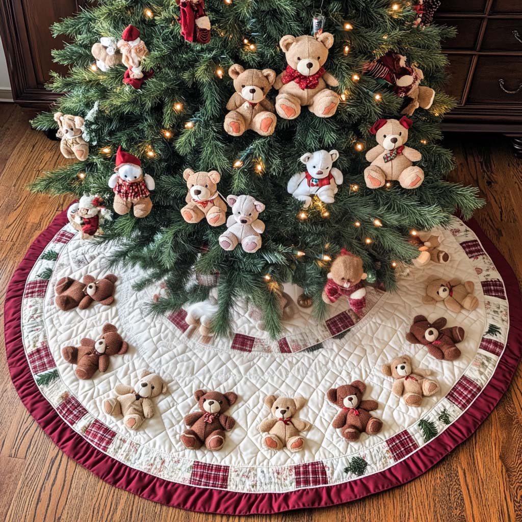 Cozy Bear Haven Christmas Quilted Tree Skirt Perfect Tree Skirt Gift for Mom or Grandma