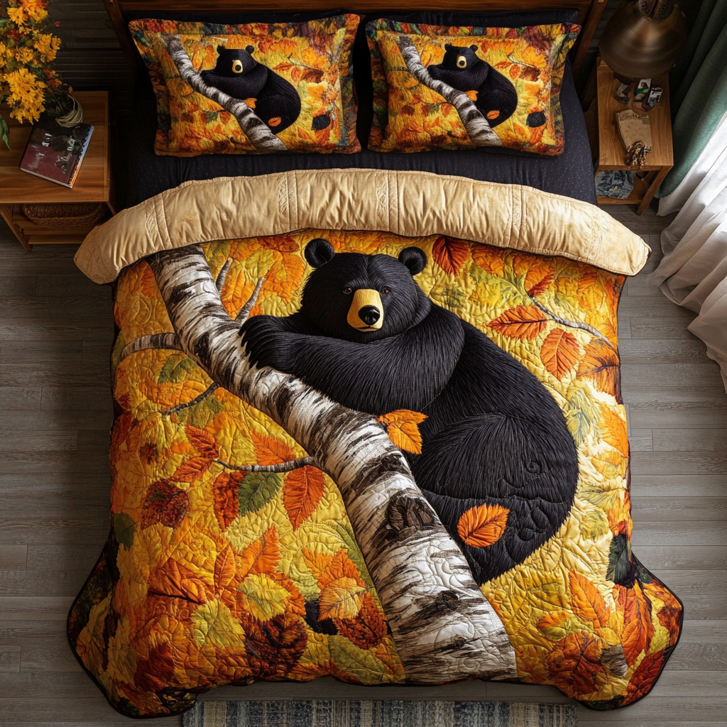 Cozy Bear Quilted Bedding Set Autumn Themed Bed Sheets Presents For Bear Lovers