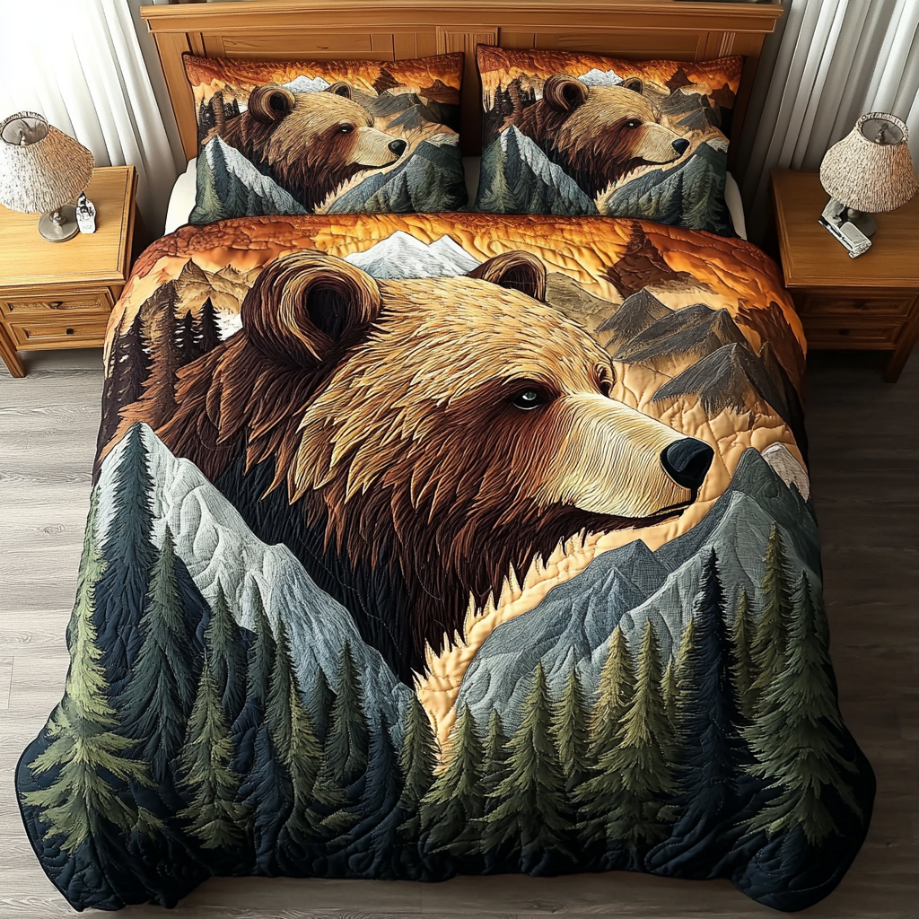 Cozy Bear Quilted Bedding Set Bed Room Decoration Nature Lover Gift Ideas