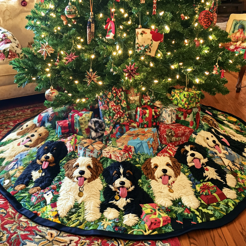 Cozy Bernedoodle Noel Christmas Quilted Tree Skirt Perfect Holiday Gift for Home Decor Lovers