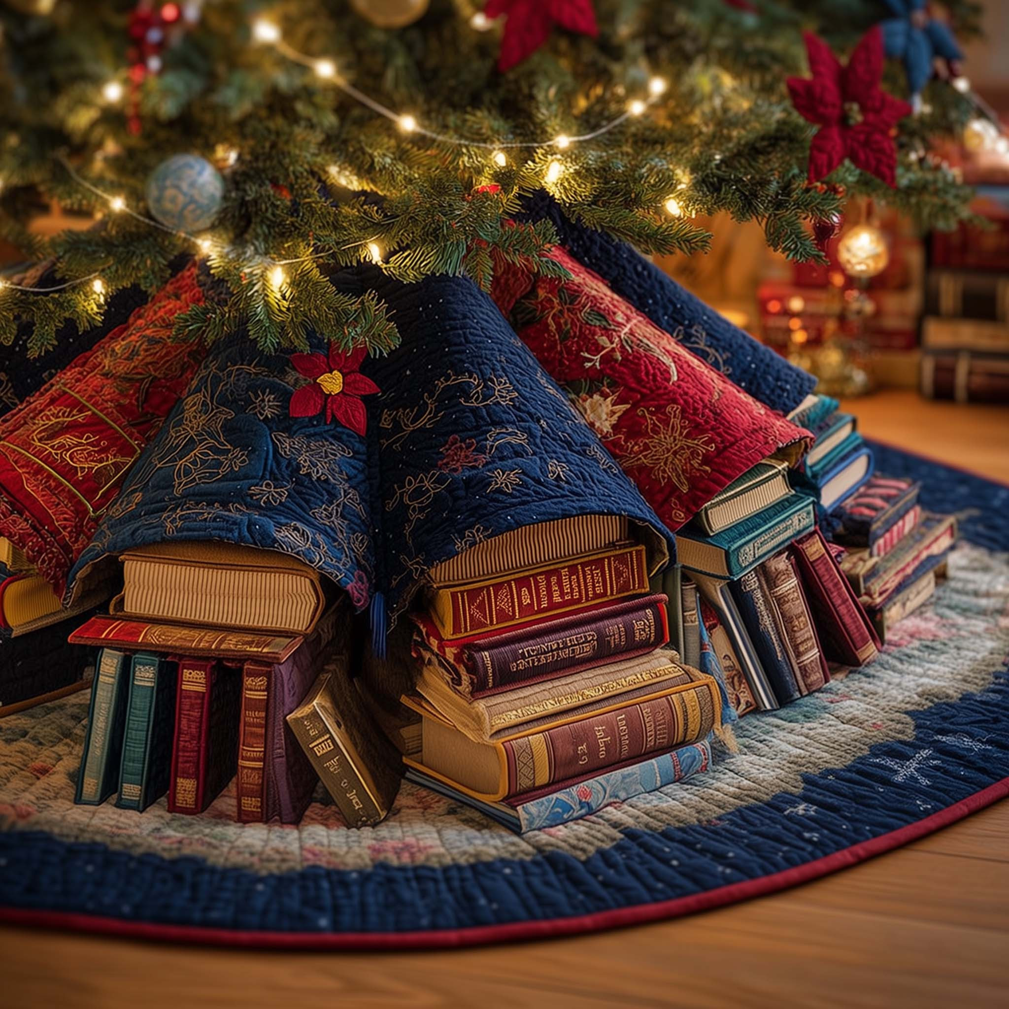 Cozy Book Quilted Tree Skirt Festive Decorations Christmas Home Decor Bookish Xmas Presents