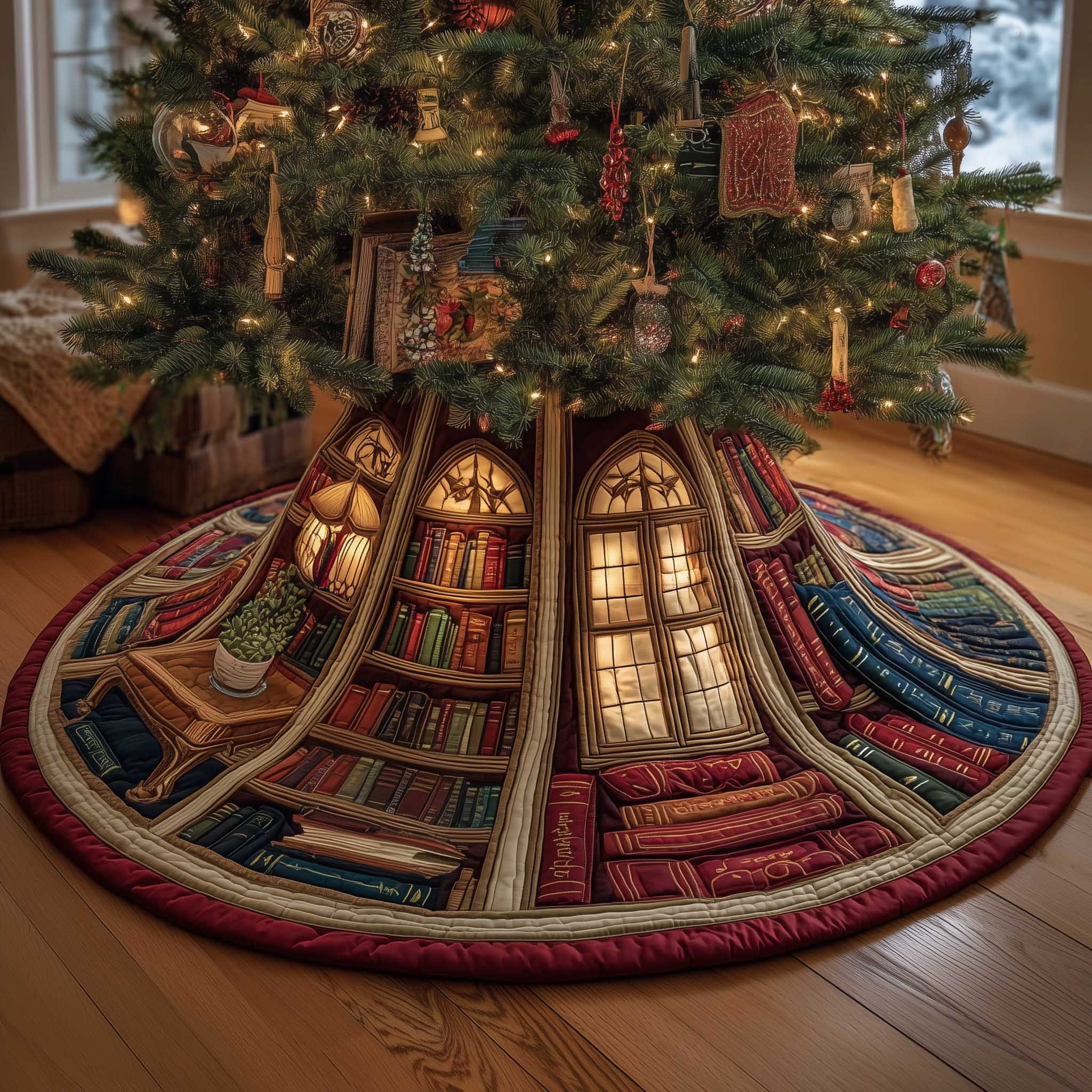 Cozy Book Quilted Tree Skirt Festvie Home Decor Christmas Gifts For Avid Readers
