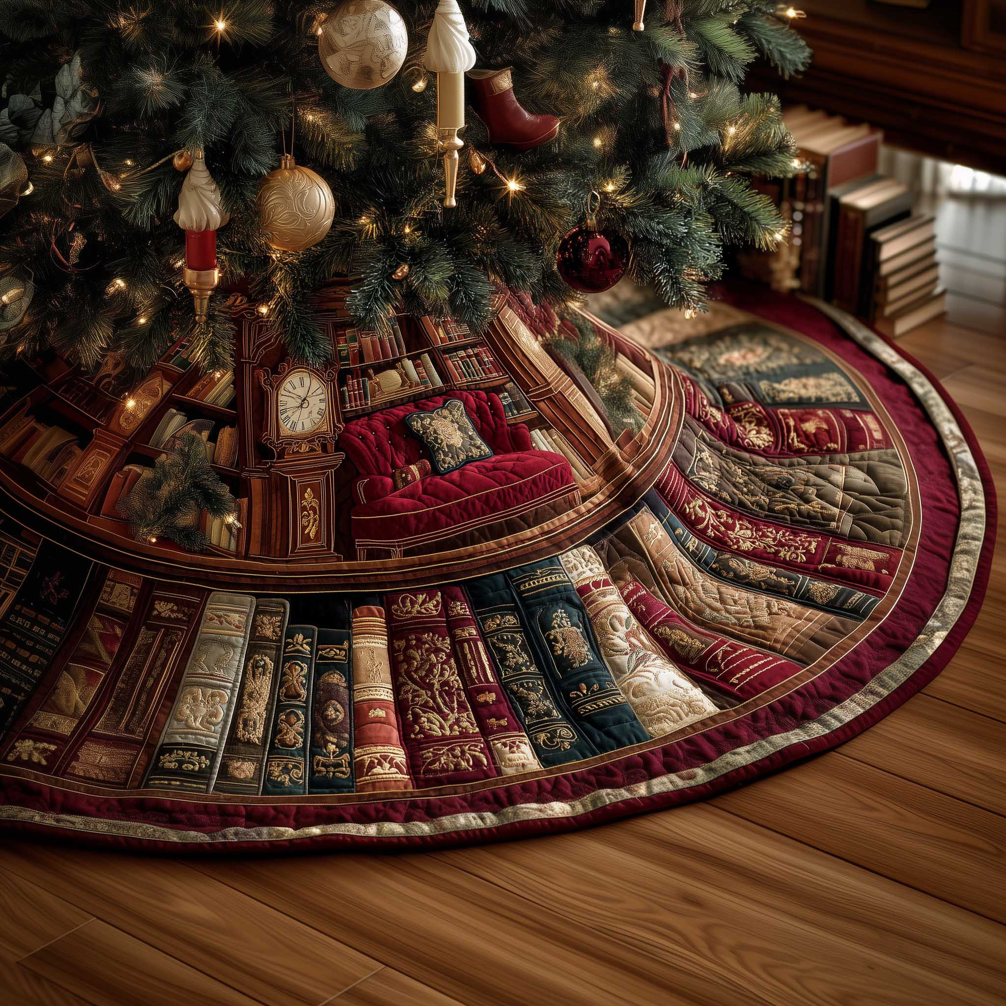 Cozy Book Quilted Tree Skirt Winter Home Decor Christmas Gifts For Book Lovers