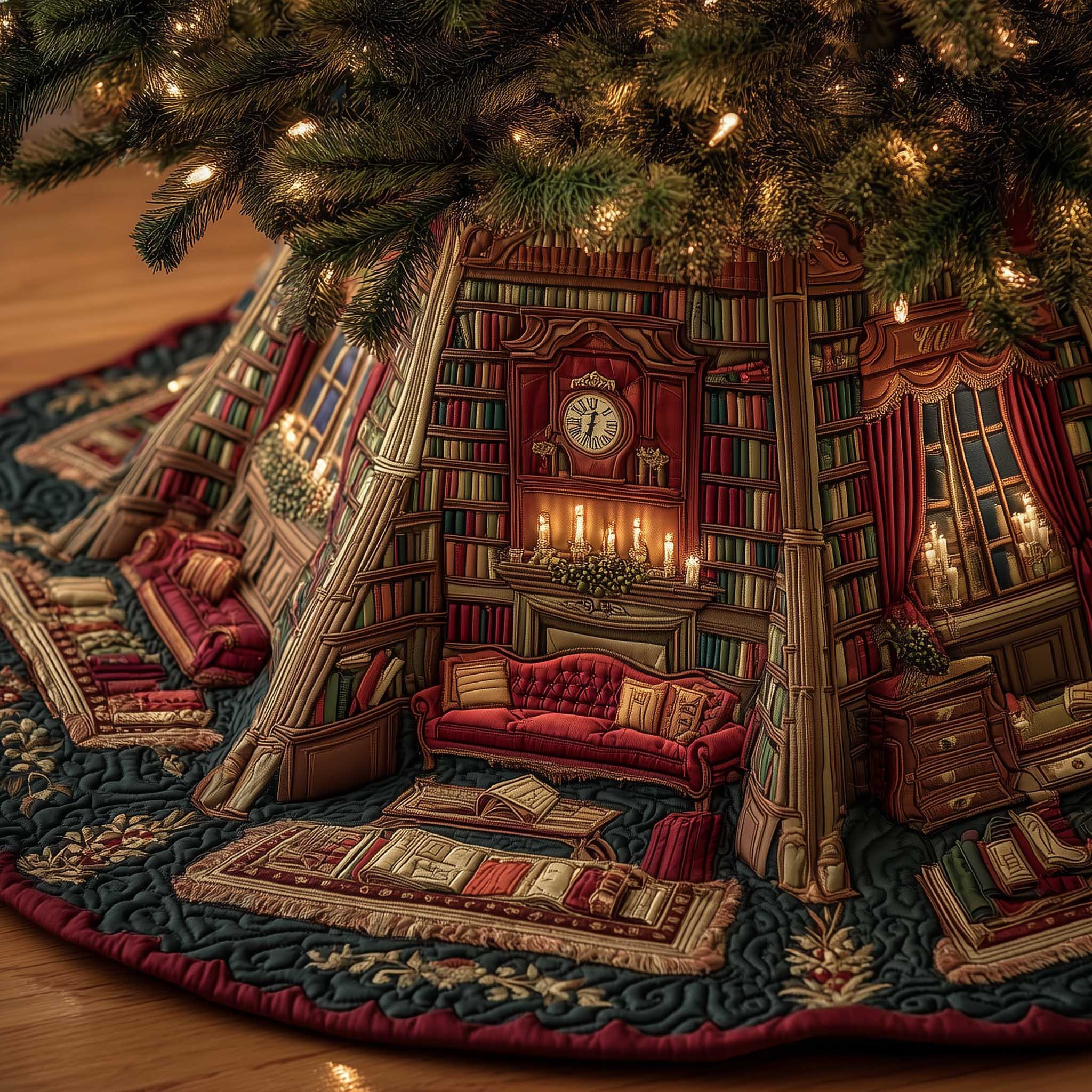 Cozy Book Quilted Tree Skirt Xmas Home Decor Christmas Gifts For Bookish