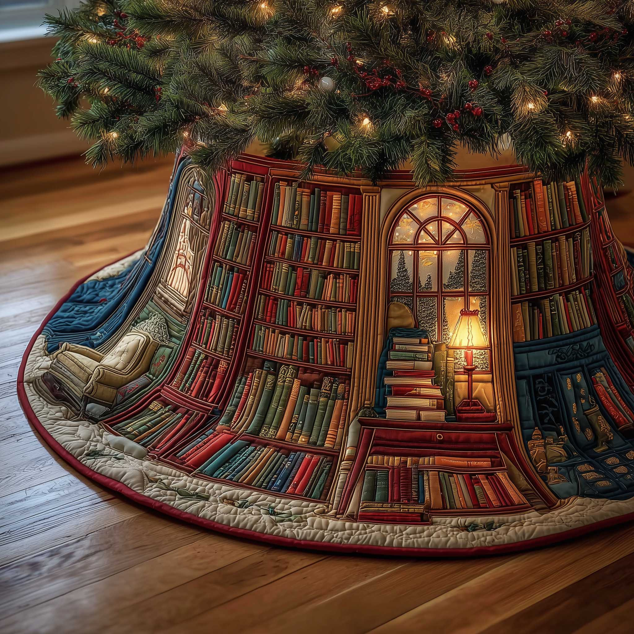 Cozy Book Quilted Tree Skirt Xmas Themed Christmas Decorations Gifts