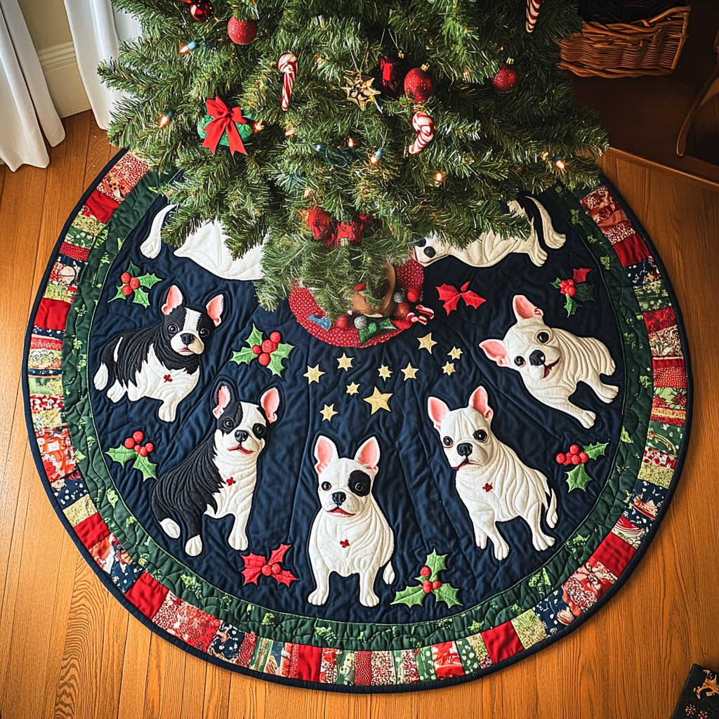 Cozy Boston Terrier Holidays Christmas Quilted Tree Skirt Family Holiday Gathering Decor Holiday Tree Base Decoration