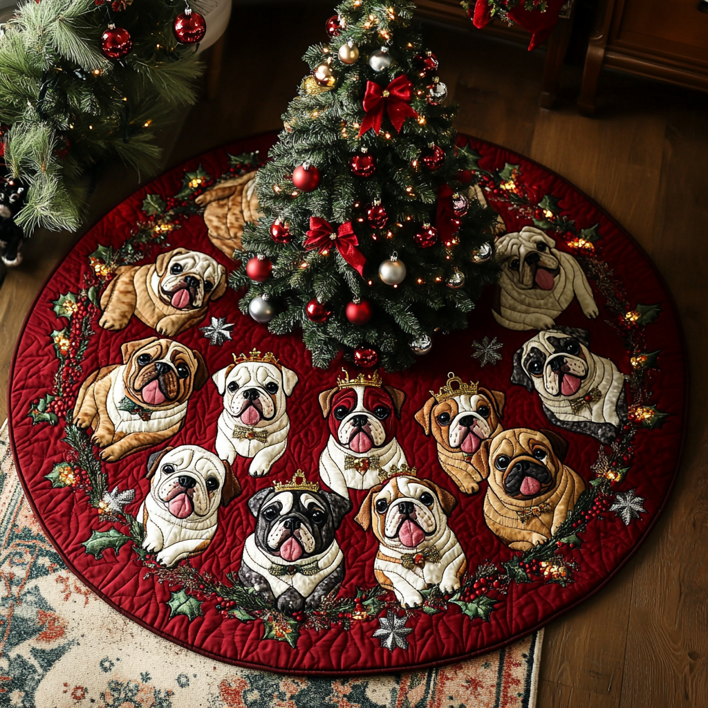 Cozy Bulldog Christmas Christmas Quilted Tree Skirt Xmas Under Tree Decoration Seasonal Tree Area Decoration