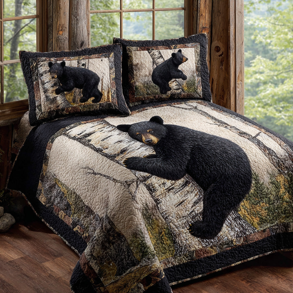 Cozy Cabin Black Bear Quilted Bedding Set Bedspread Set Gifts For Wildlife Enthusiasts