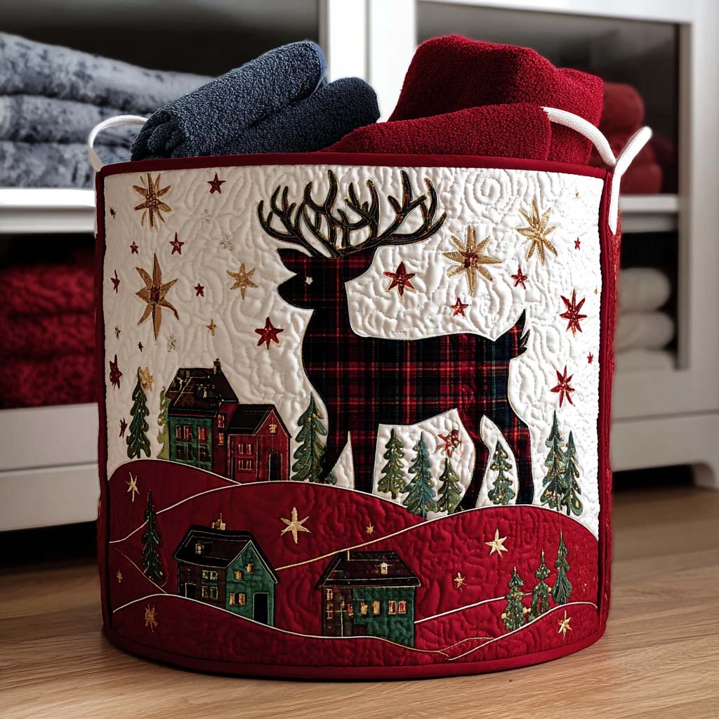 Cozy Cabin Reindeer Quilted Laundry Basket Thoughtful Home Organization Gift for Loved Ones