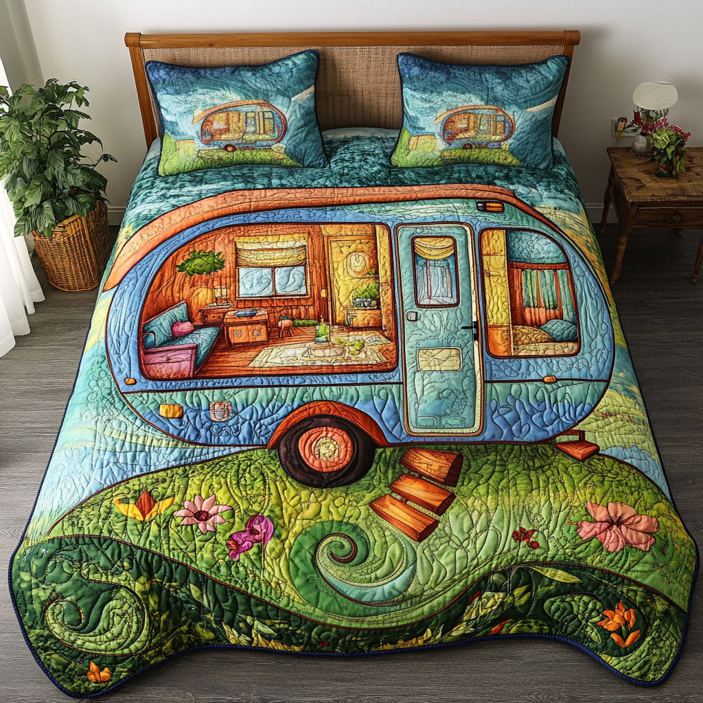 Cozy Camper Quilted Bedding Set Bed Decor Camping Christmas Gifts