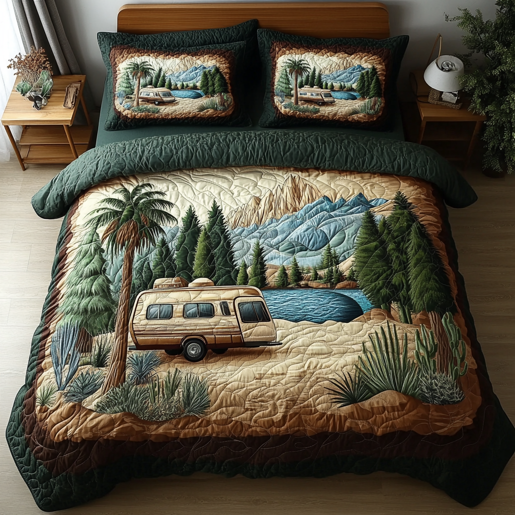 Cozy Caravan Quilted Bedding Set Bed Decor Camping Gifts For Couples