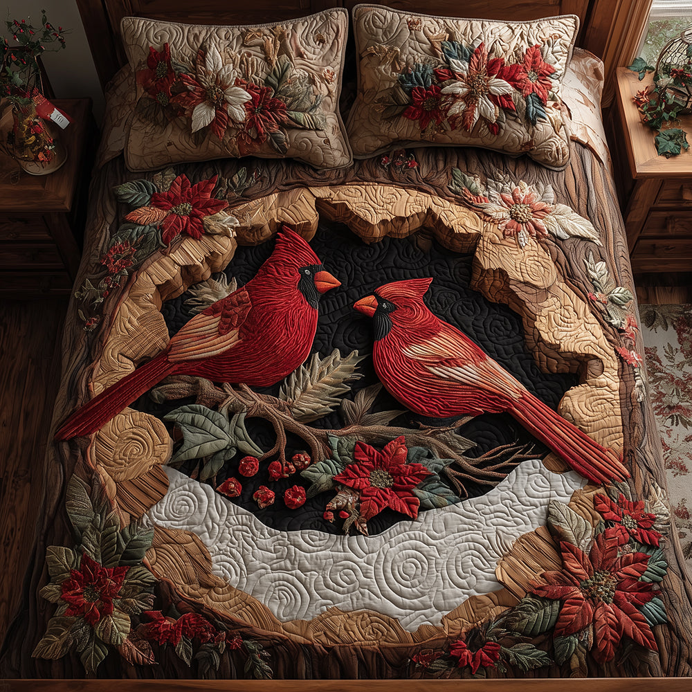 Cozy Cardinal Nest Quilted Bedding Set Xmas Holiday Duvet Cover Set Best Cardinal Gift Items