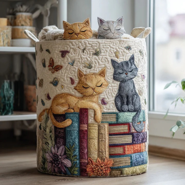 Cozy Cat Crew Quilted Laundry Basket Boho Cat Friends Home Decor Best Gift For Cat Lovers