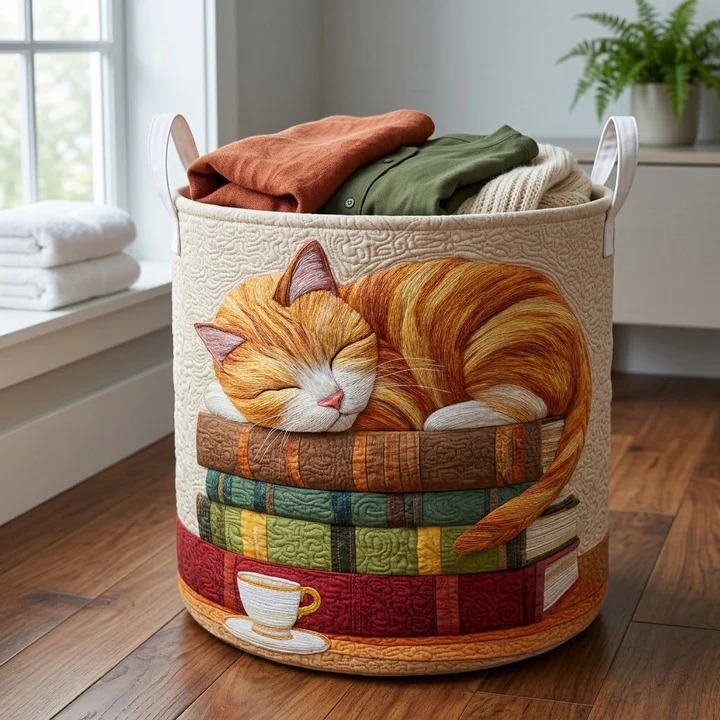Cozy Cat On Books Tea Cup Quilted Laundry Basket Bookworm Home Decor Best Gift For Cat And Book Lovers