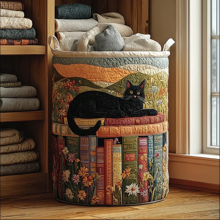 Cozy Cat Quilted Laundry Basket Cute Boho Cat Home Decor Funny Gift For Cat Lovers