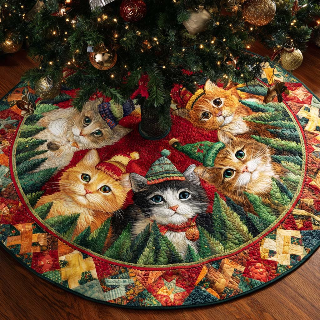 Cozy Cat Quilted Tree Skirt Animal Pattern Tree Decor Christmas Gifts For Cat Lovers