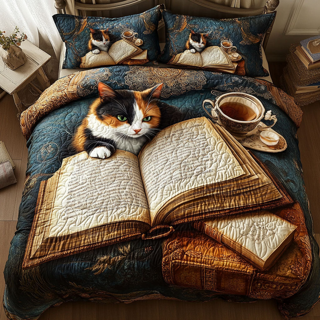 Cozy Cat Stories Quilted Bedding Set Cool Bedroom Decor Book Presents For Him