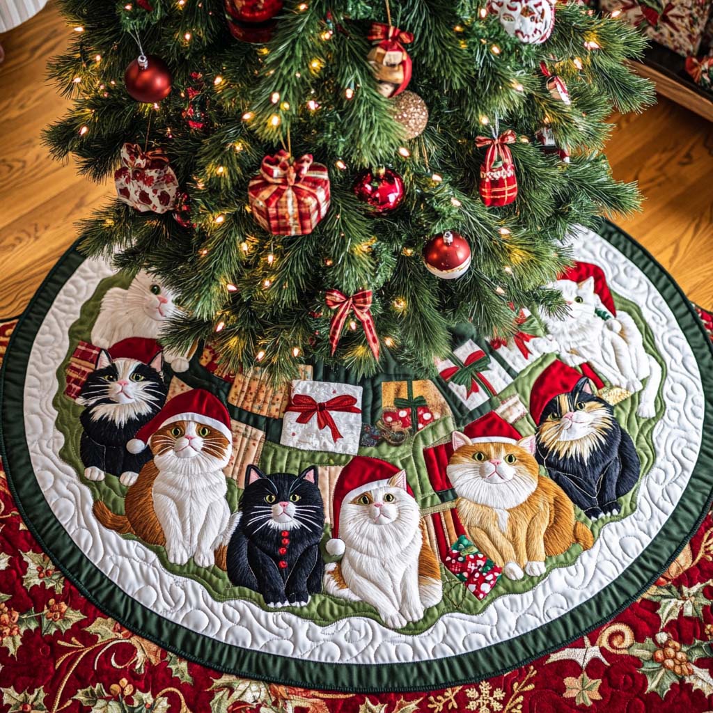 Cozy Catmas Christmas Quilted Tree Skirt Family Holiday Gathering Decor Holiday Tree Base Decoration
