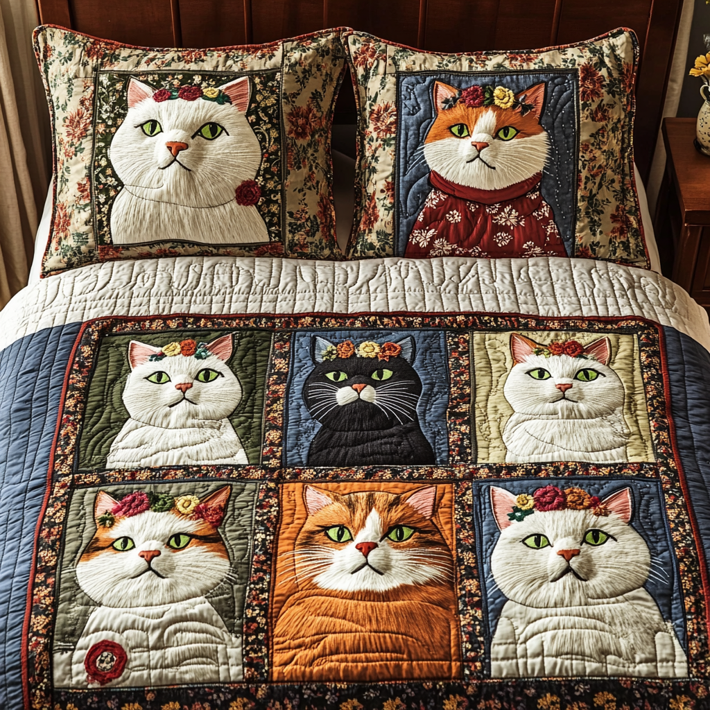 Cozy Cats Quilted Bedding Set Holiday Duvet Cover Set Cat Christmas Gifts For Her